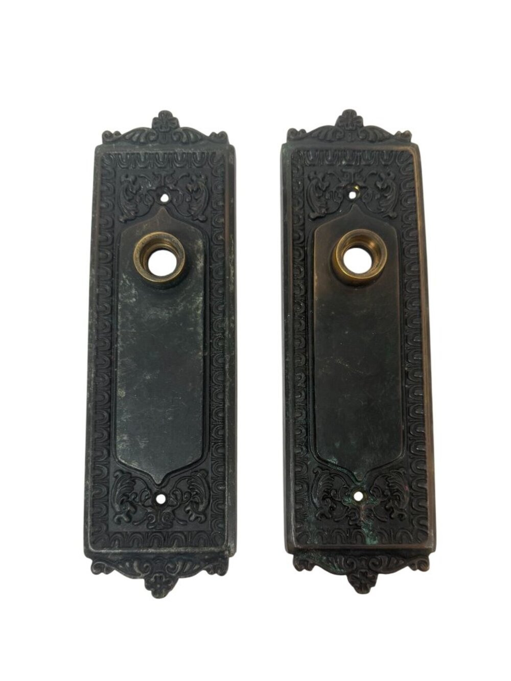 Vintage Ornate Black Door Backplates Brass Keyholes Restoration Hardware 8"